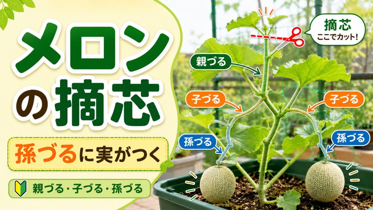 メロンの摘芯と孫づる管理を分かりやすく説明するアイキャッチ画像