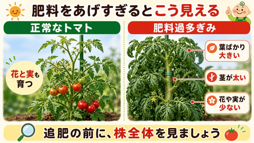 正常なトマトと肥料過多ぎみのトマトの違いを比較した図解