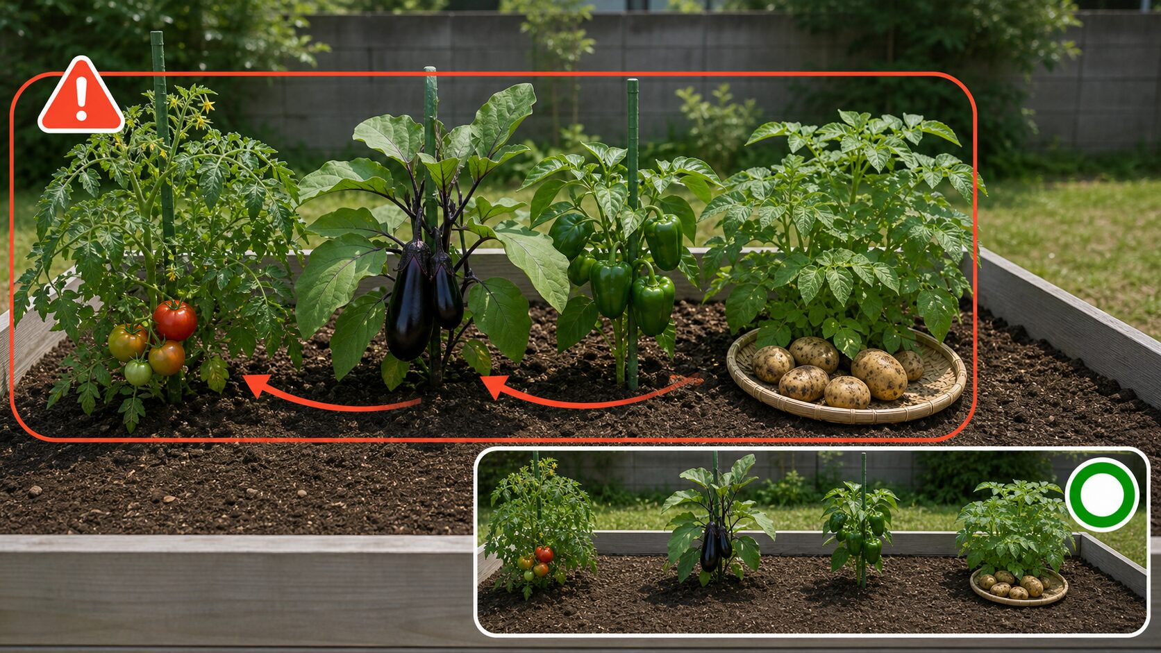 トマトとナス・ピーマン・ジャガイモなど同じナス科の野菜を近くに植えすぎない注意図