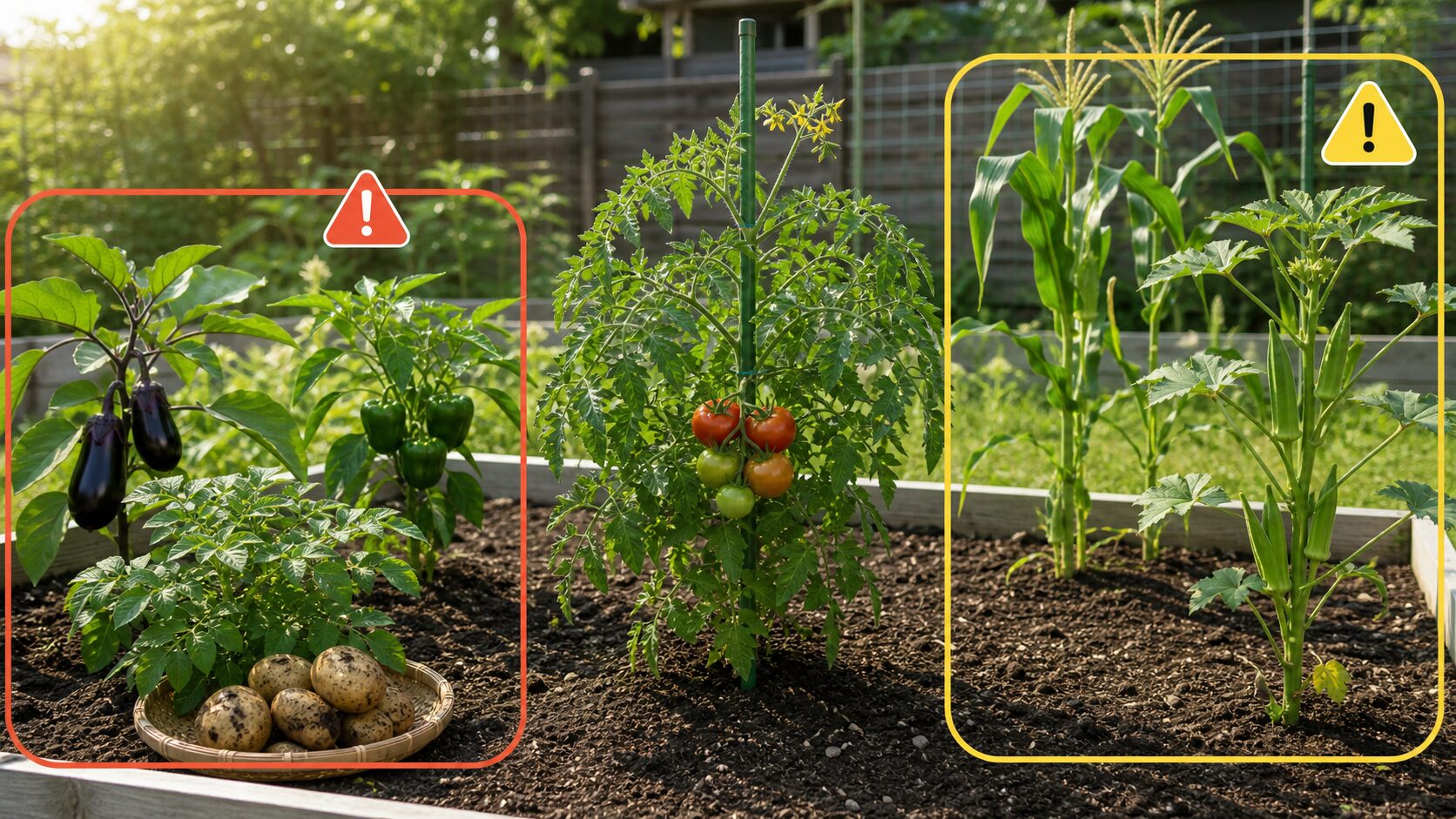 トマトの近くに植える時に注意したいナス科の野菜と背が高い野菜の全体図