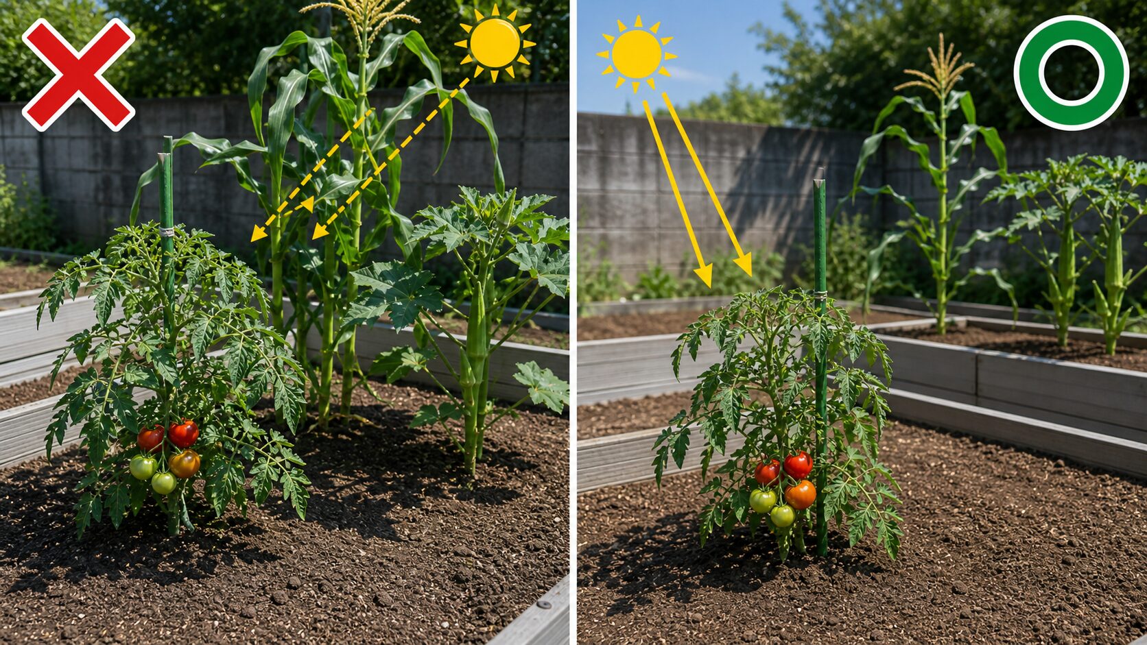 トウモロコシやオクラなど背が高い野菜がトマトの日当たりを遮る位置と離した位置の比較図