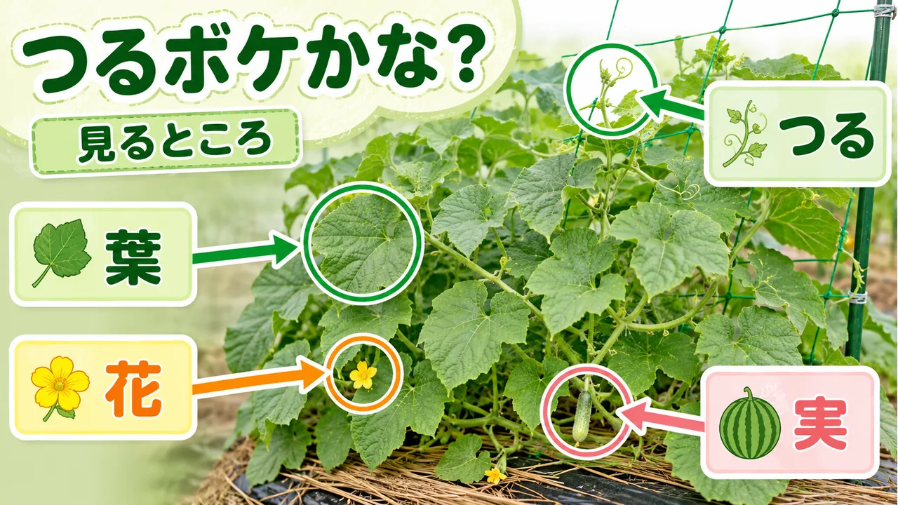 つるボケかなと思った時に見るところを示した図。葉、つる、花、実の4つを確認するポイントとして示している。