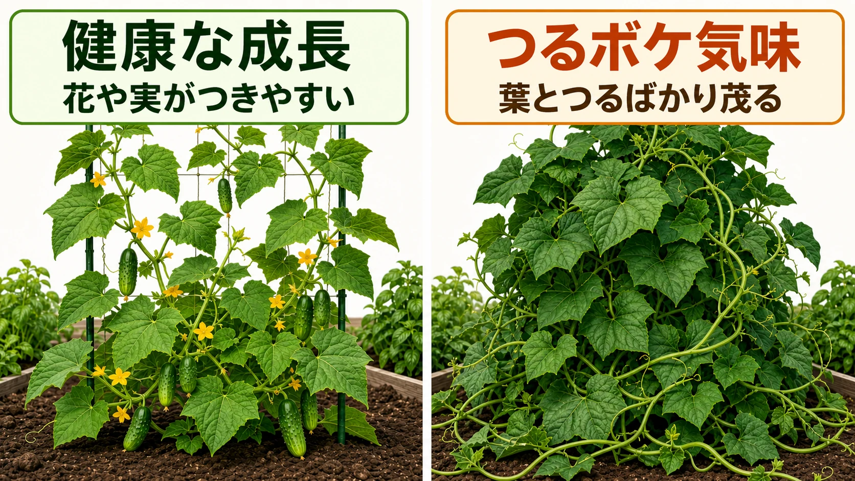 健康なウリ科野菜とつるボケ気味の株を比べた図。健康な株は花や実がつき、つるボケ気味の株は葉とつるばかり茂っている。