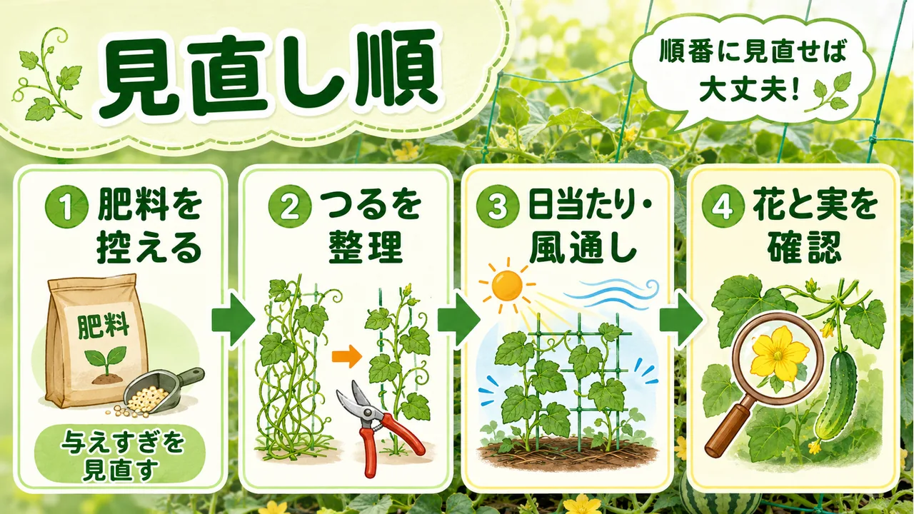 つるボケ気味の時の見直し順を示した図。肥料を控える、つるを整理、日当たりと風通し、花と実を確認の4ステップ。