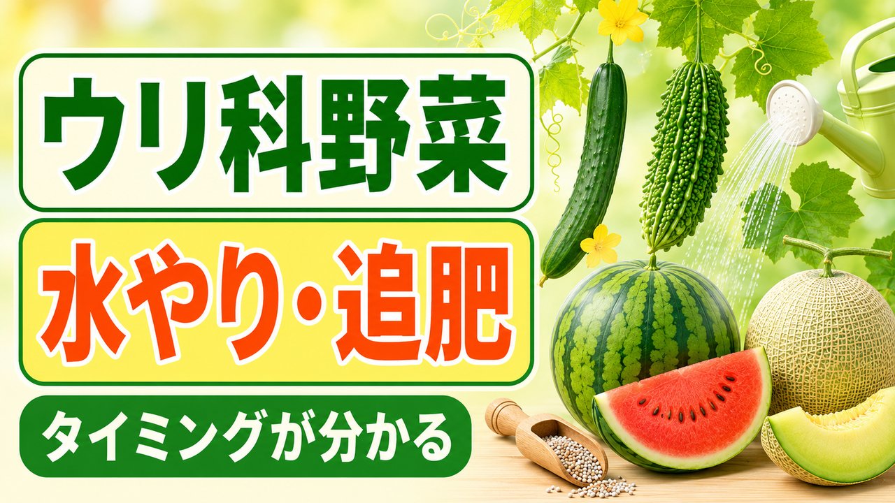 ウリ科野菜の水やりと追肥のタイミングを分かりやすく示したアイキャッチ画像