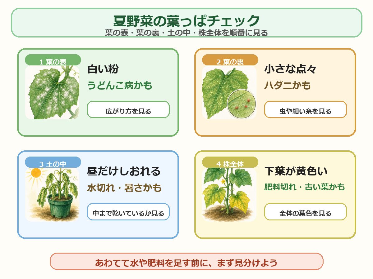 夏野菜の葉トラブルを葉の表、葉の裏、土の中、株全体の順番で見分ける図解