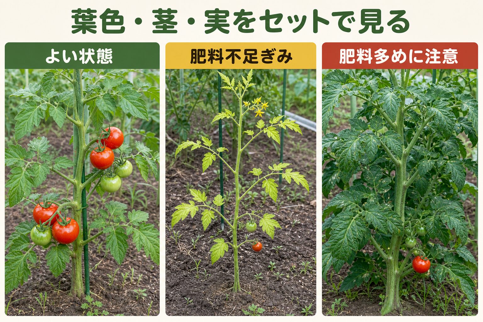 トマトのよい状態、肥料不足ぎみ、肥料多めの違いを比較した図