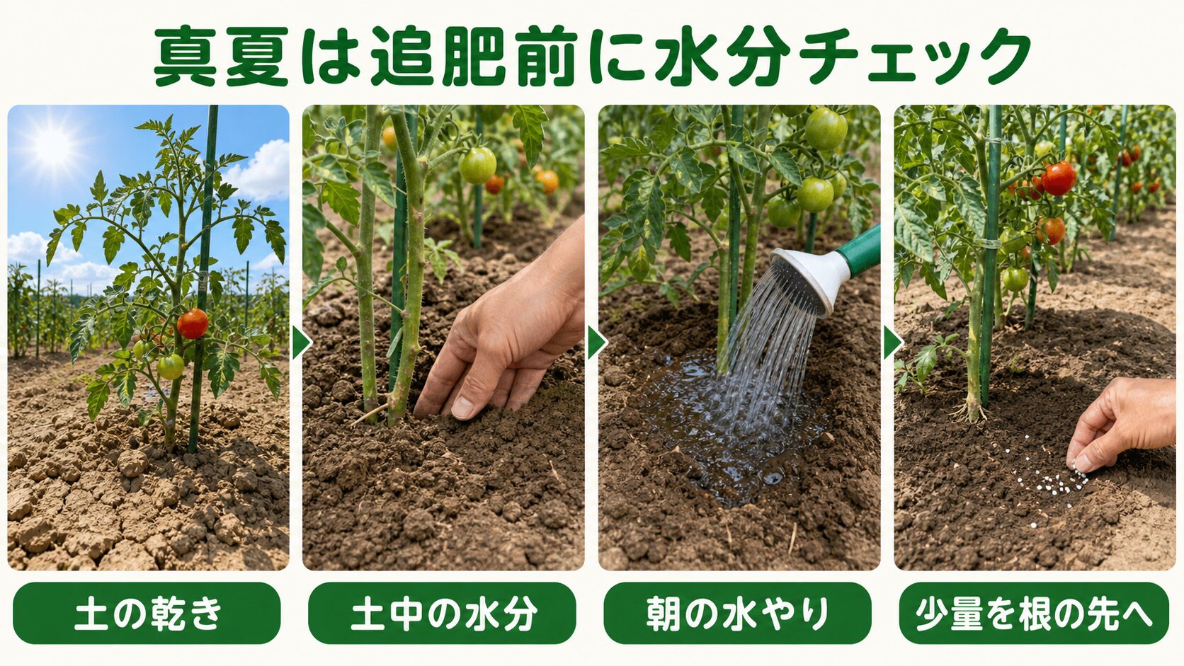 真夏のトマトで追肥前に土の乾きと水分を確認する流れの図