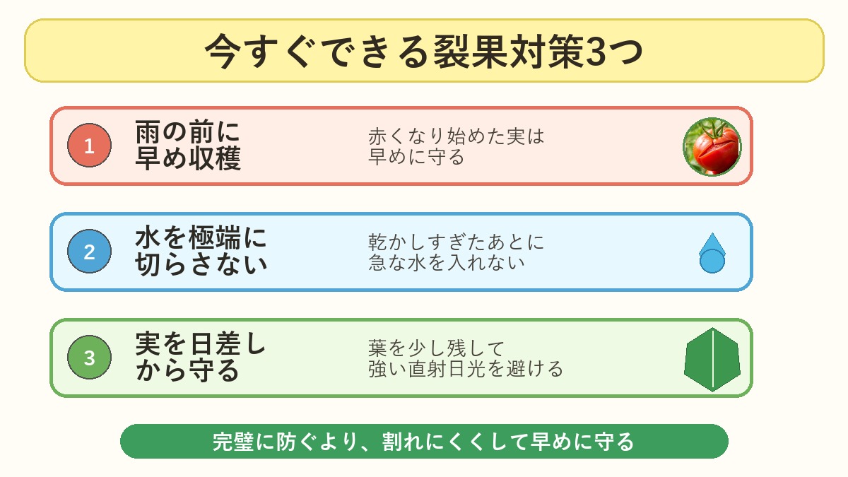 トマトの裂果対策として雨の前の早め収穫、水を極端に切らさない、実を日差しから守ることを示す図解