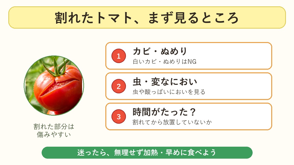 割れたトマトを食べる前にカビ、ぬめり、虫、におい、時間を確認する図解
