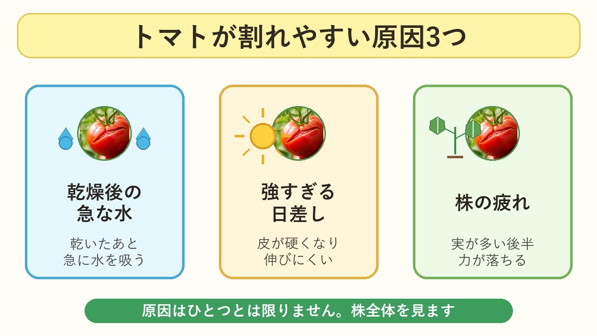 トマトが割れやすい原因として乾燥後の急な水、強すぎる日差し、株の疲れを示す図解