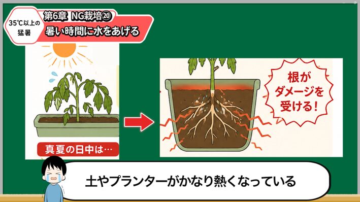 猛暑日のトマトへ水やりする時間を解説する画像
