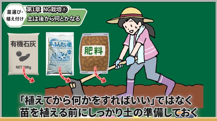 トマト苗を植える前の土づくりを解説する画像