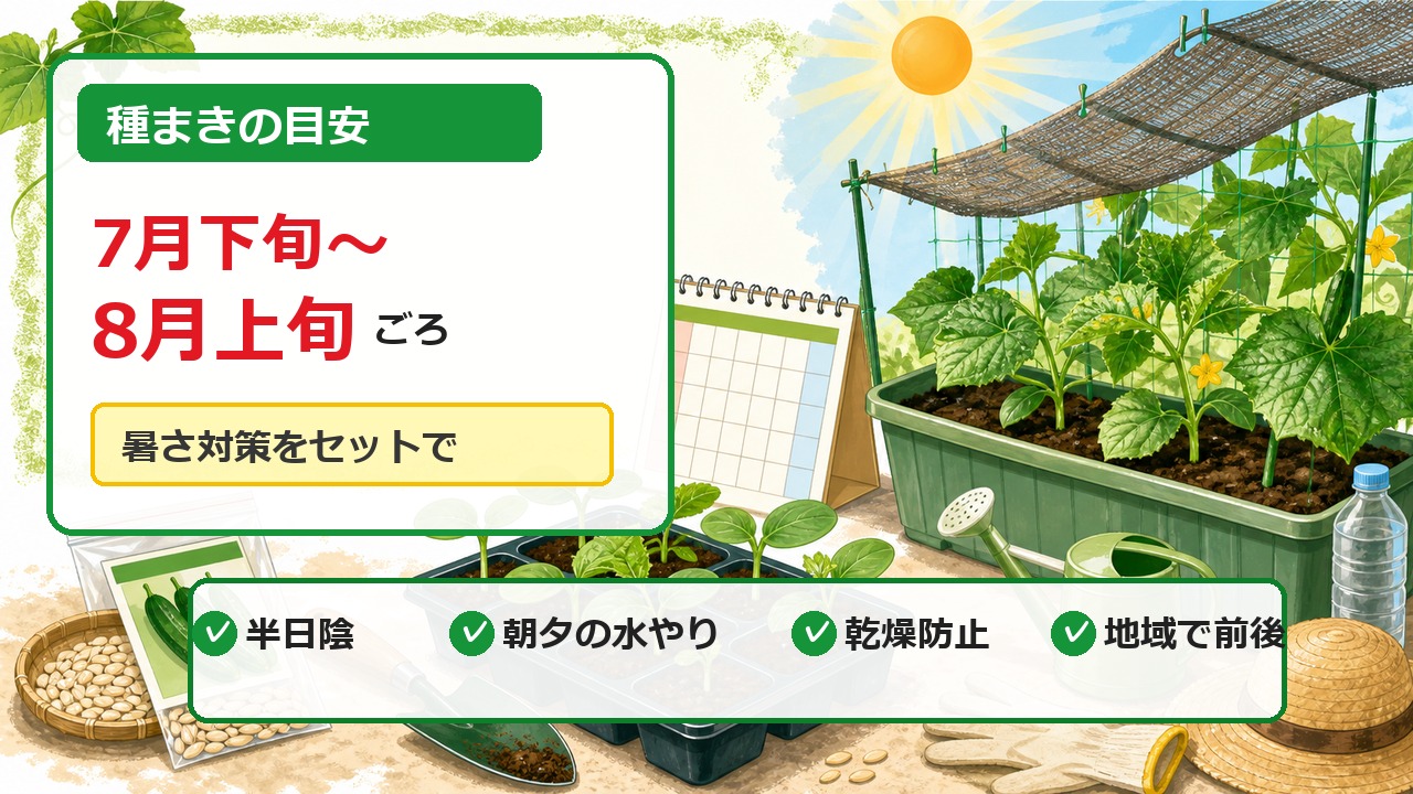 秋キュウリの種まきは7月下旬から8月上旬ごろが目安で暑さ対策もセットと示す説明画像