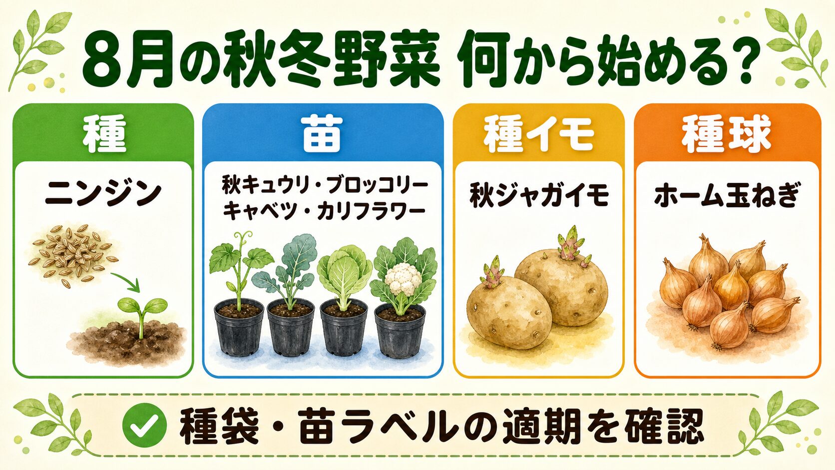 8月に始める秋冬野菜7品目を種・苗・種イモ・種球に分けた図
