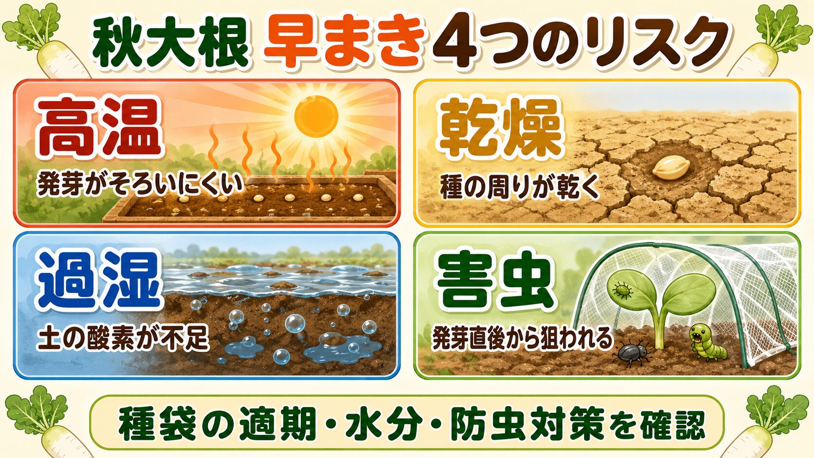 秋大根の早まきで起こりやすい高温、乾燥、過湿、害虫の4つのリスクを示した図