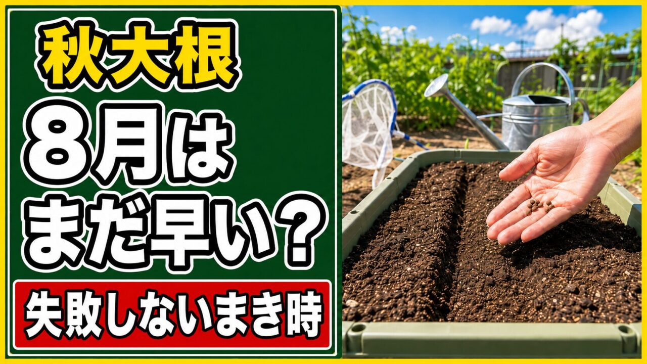 秋大根を8月にもうまくか、まだ待つか迷う場面を示したアイキャッチ