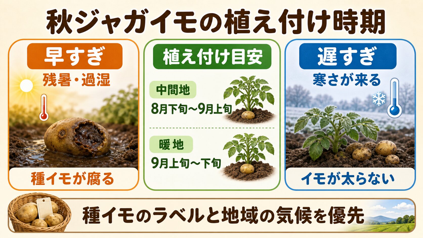 秋ジャガイモの早すぎる植え付け、地域別の適期、遅すぎる植え付けの違い
