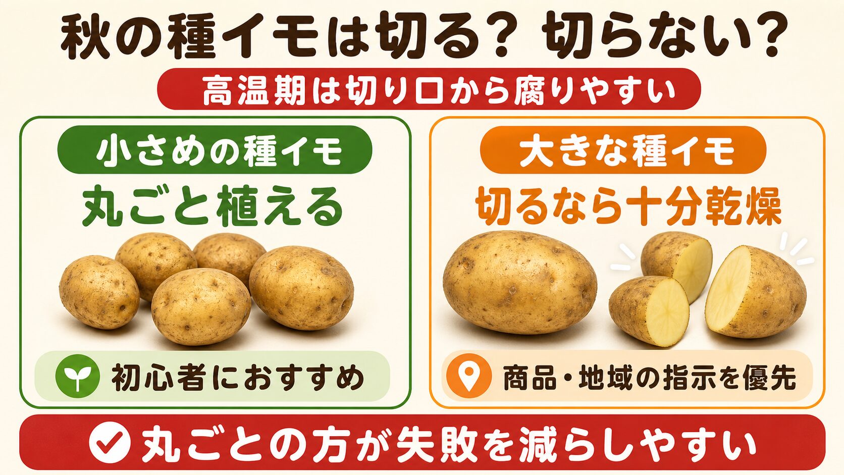 秋ジャガイモの小さな種イモを丸ごと植える方法と大きな種イモを切る場合の注意