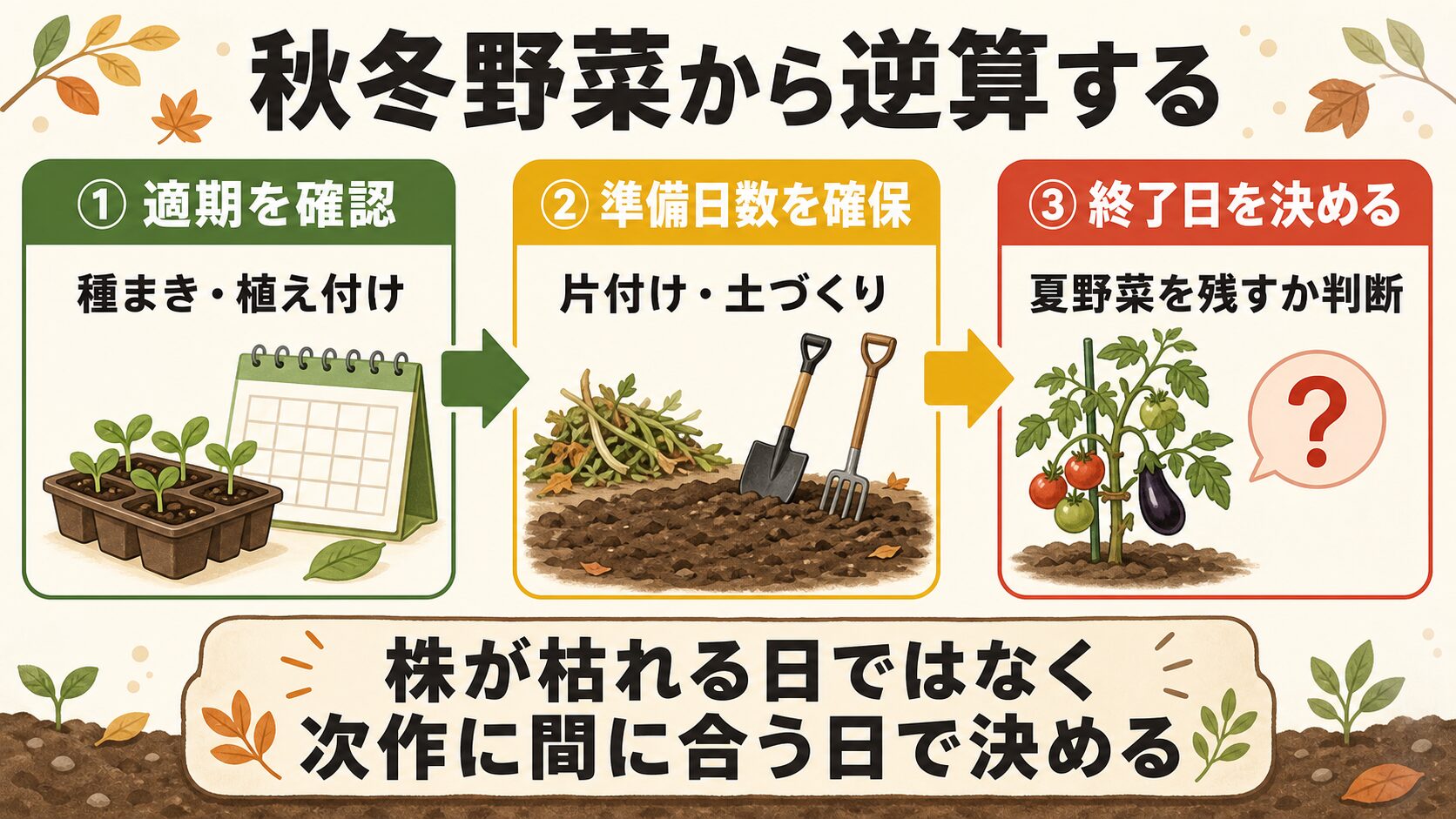 秋冬野菜の適期から夏野菜の片付け日を逆算する手順
