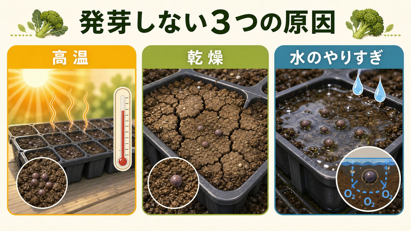 ブロッコリーが発芽しない3つの原因として高温・乾燥・水のやりすぎを示した図