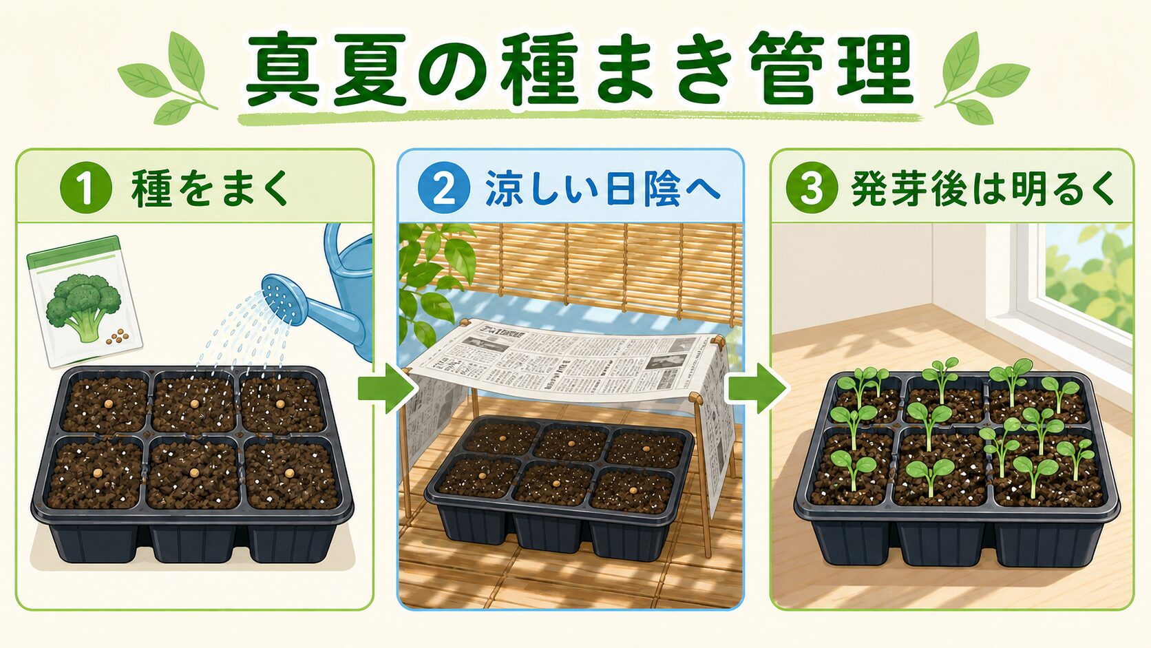 ブロッコリーの真夏の種まきを種まき、涼しい日陰、発芽後は明るくの3段階で示した図