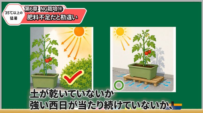 猛暑で弱ったトマトと肥料不足の見分け方を解説する画像