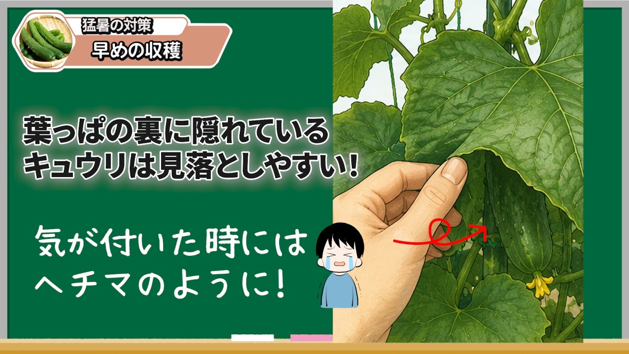葉っぱの裏に隠れて見落としやすいキュウリを確認する場面