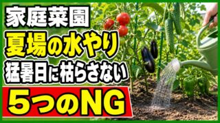 家庭菜園の夏場の水やりで避けたい猛暑日の5つのNGを伝えるアイキャッチ