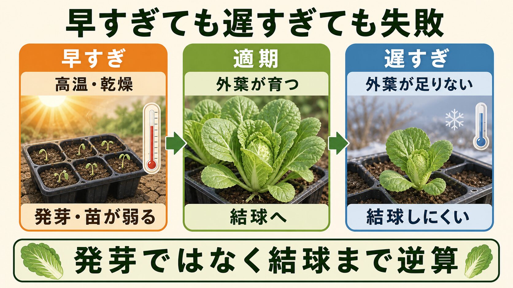 白菜の早まき、適期まき、遅まきで起こりやすい失敗の違い