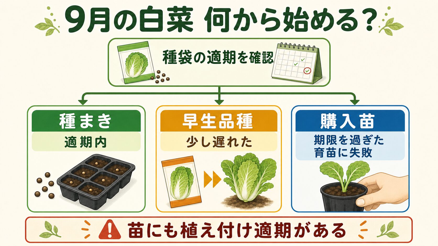 白菜を種、早生品種、購入苗から選ぶ判断手順