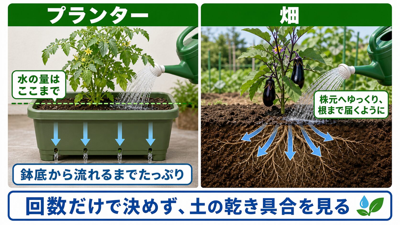 プランターと畑の水やり量の違いを比べた図