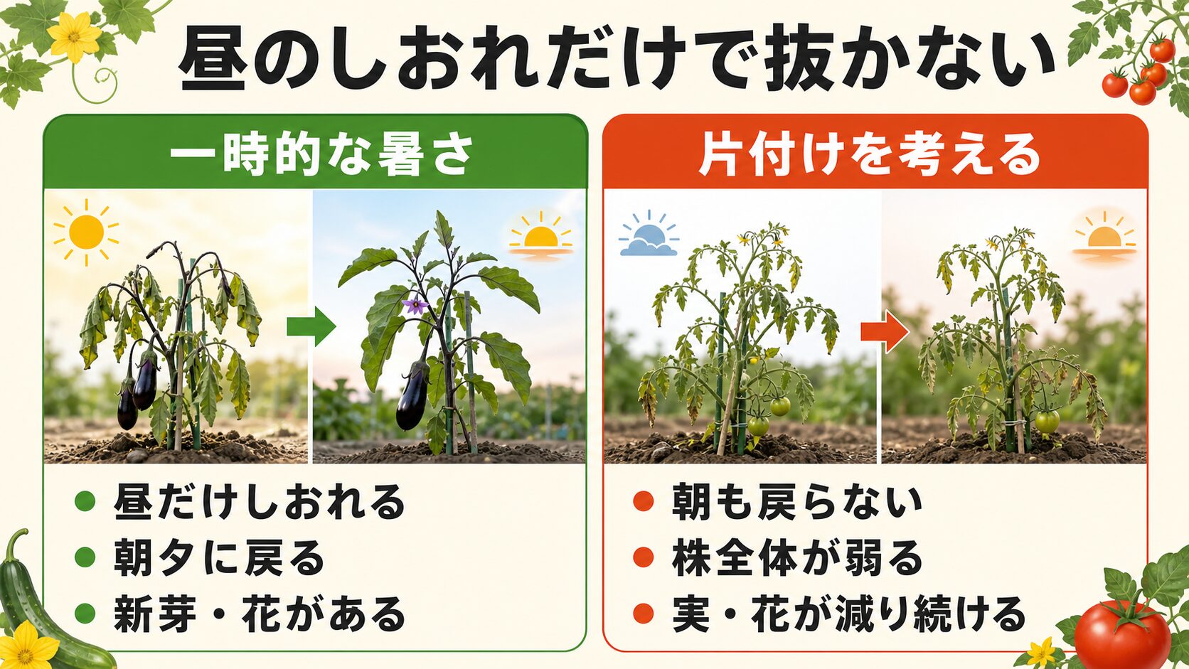 昼だけの一時的なしおれと片付けを考える弱り方の違い
