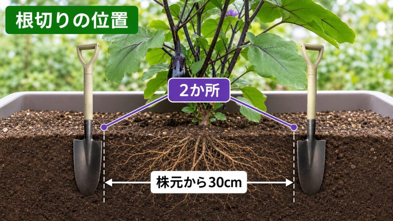 ナスの株元から30cm離れた2か所へスコップを入れる根切り位置