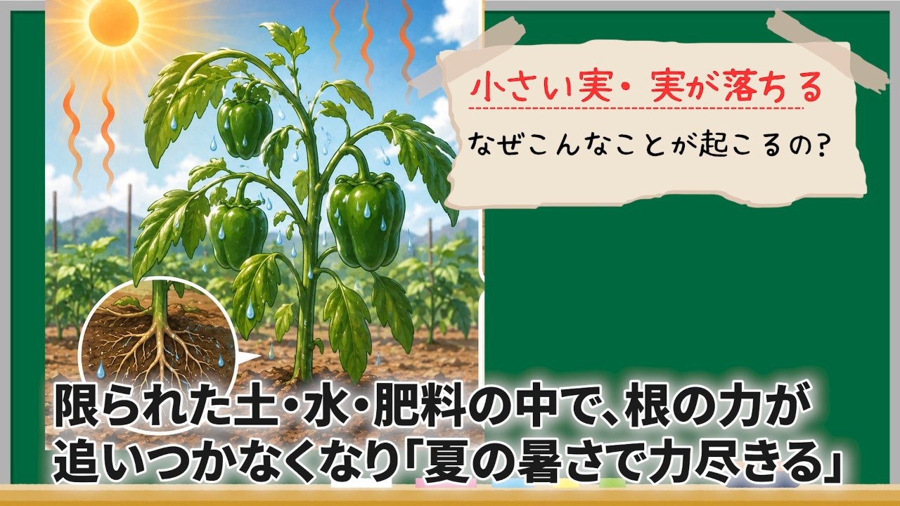 夏の暑さでピーマンの根の力が追いつかなくなる説明場面