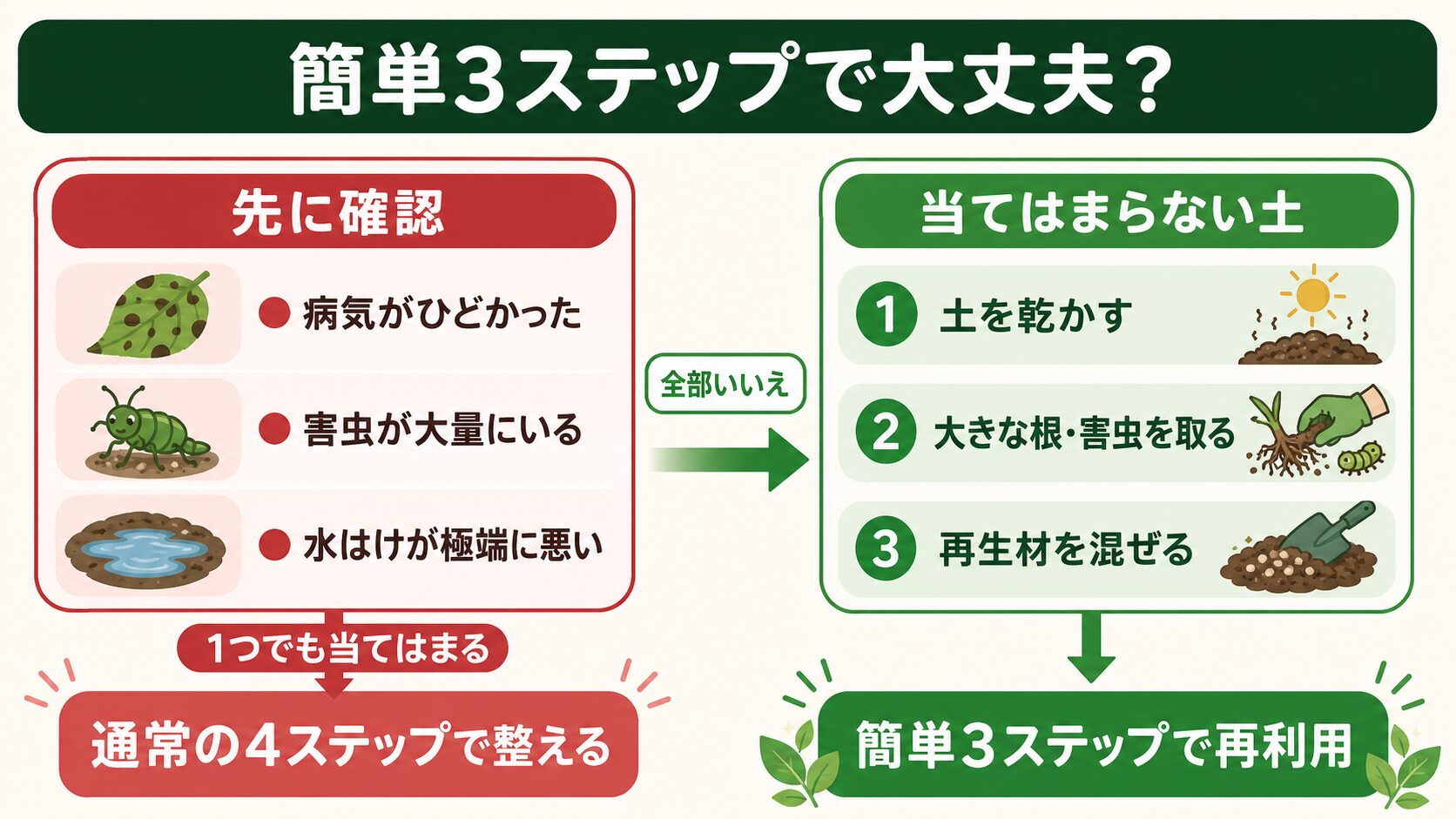 簡単3ステップで古い土を再利用できるか判断する図