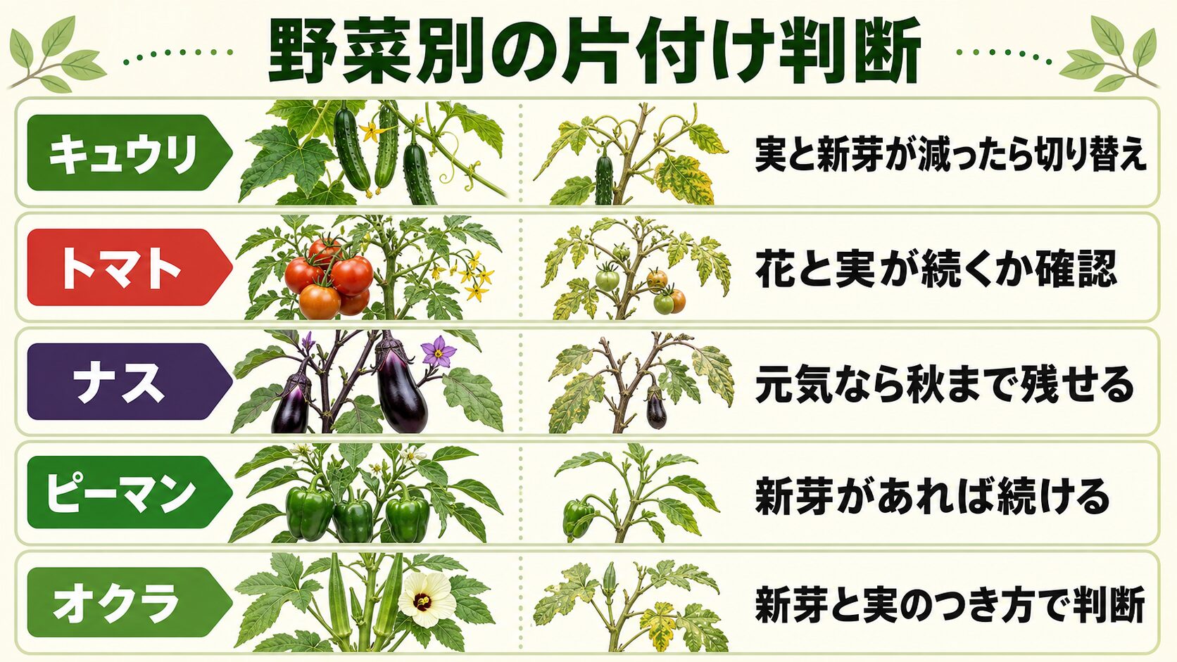 キュウリ、トマト、ナス、ピーマン、オクラの片付け判断