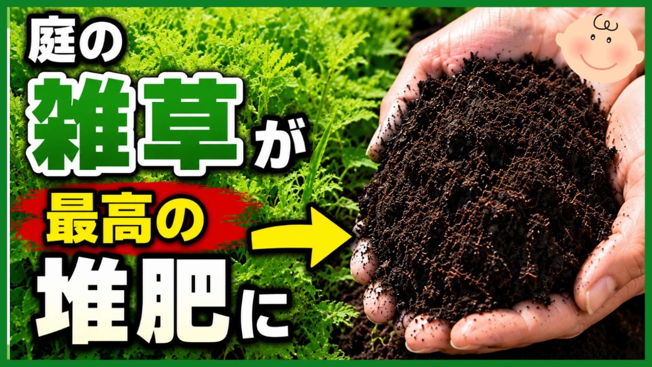 庭の雑草を米ぬかと土でふわふわの堆肥に変える方法を紹介するアイキャッチ