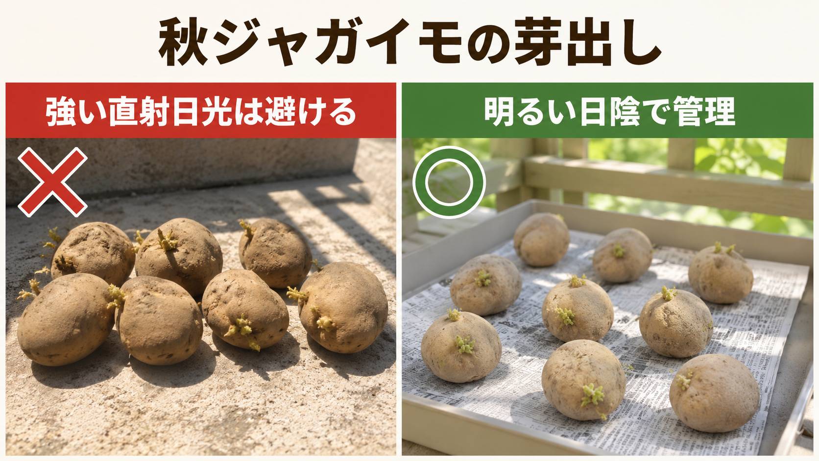 秋ジャガイモの芽出しで強い直射日光を避け明るい日陰に置く比較