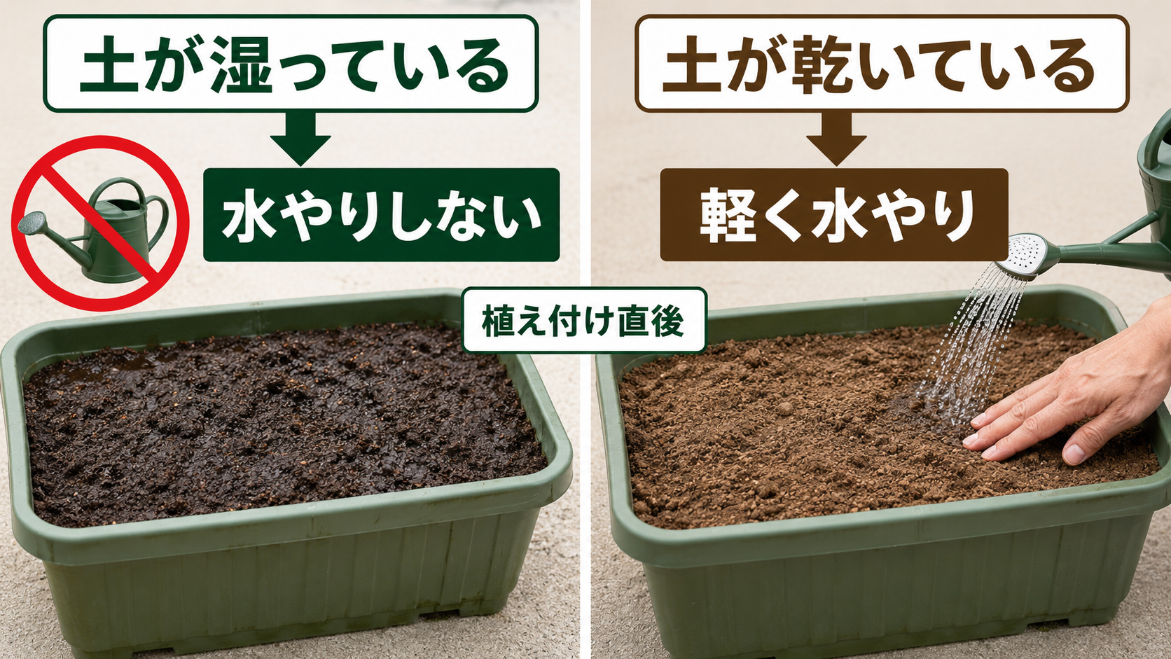 秋ジャガイモ植え付け直後の水やりを土の湿り具合で比較した画像