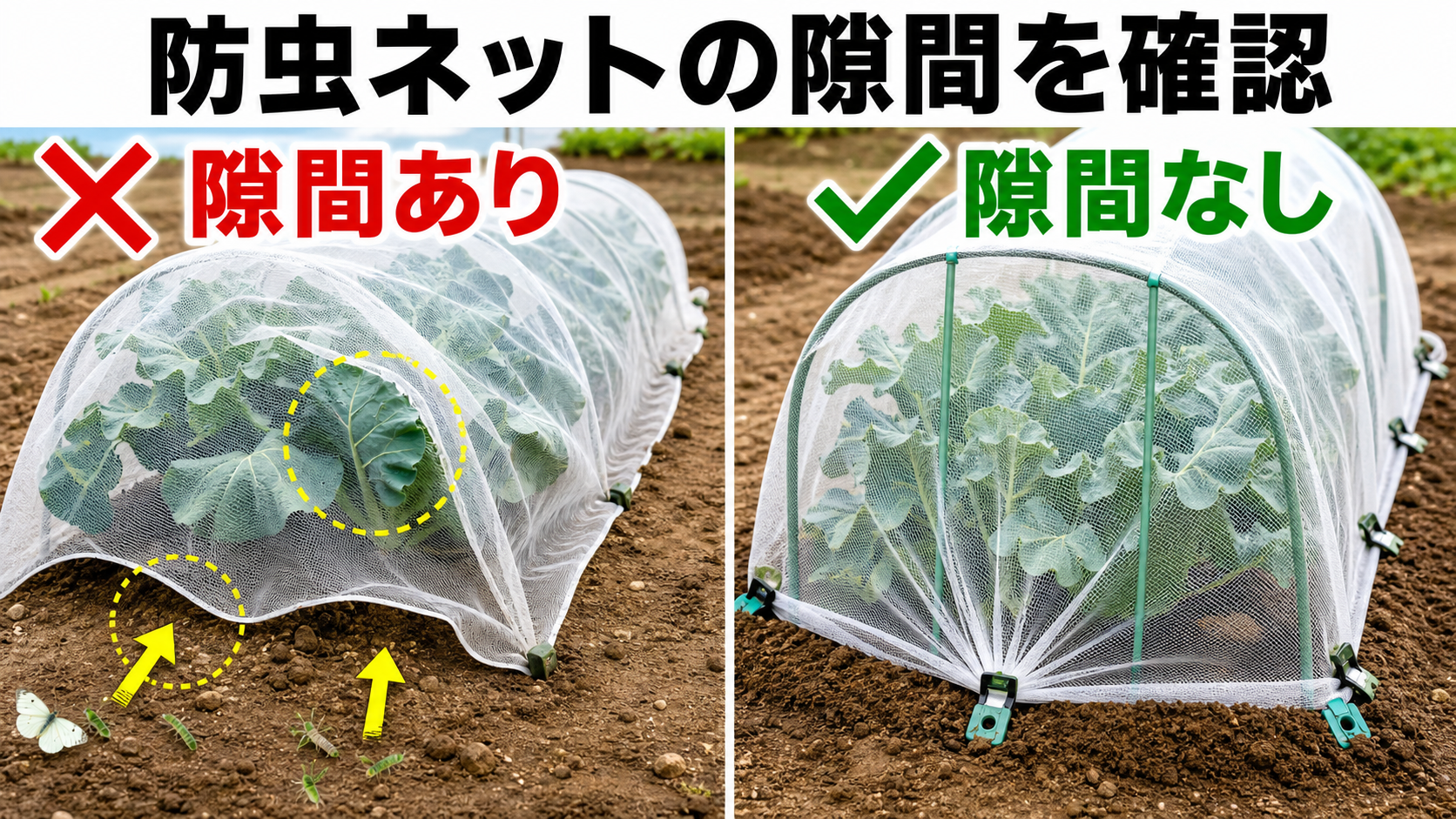 防虫ネットのすそに隙間がある例と隙間なく閉じた例の比較