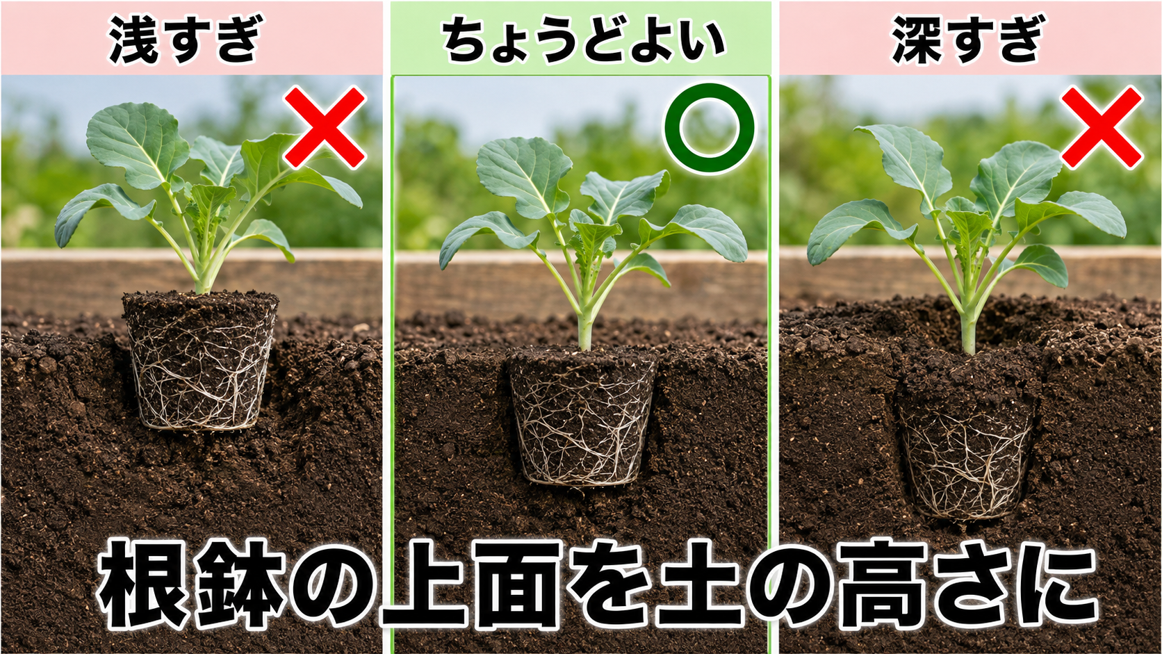 ブロッコリー苗の浅植えと適切な深さと深植えの比較