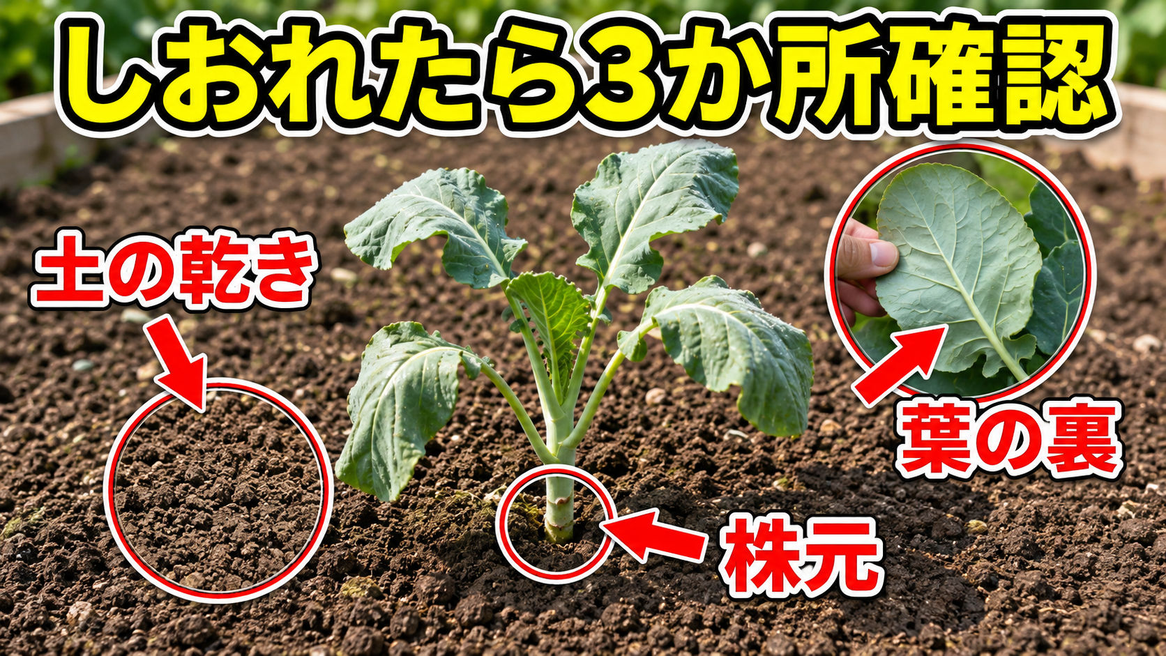 植え付け後にしおれたブロッコリー苗で土の乾きと株元と葉の裏を確認する図