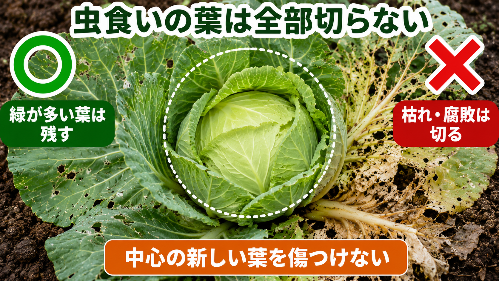 緑が多い虫食い葉は残し枯れや腐敗のある外葉だけ切る判断図