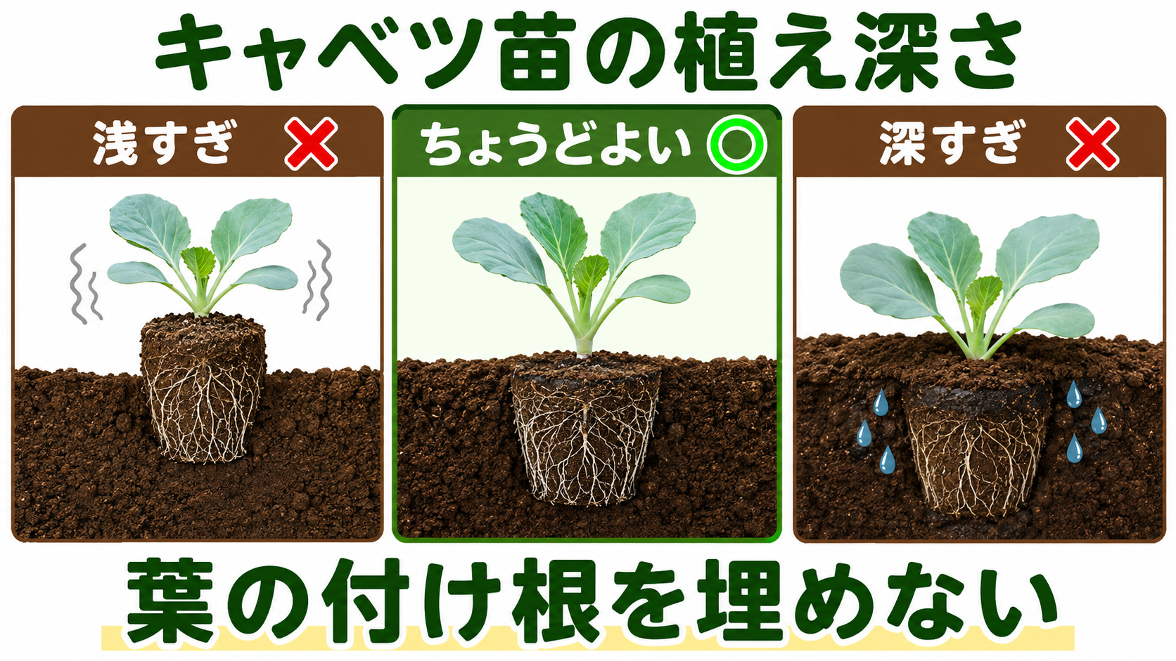 キャベツ苗の浅植えと適切な深さと深植えを比較した図