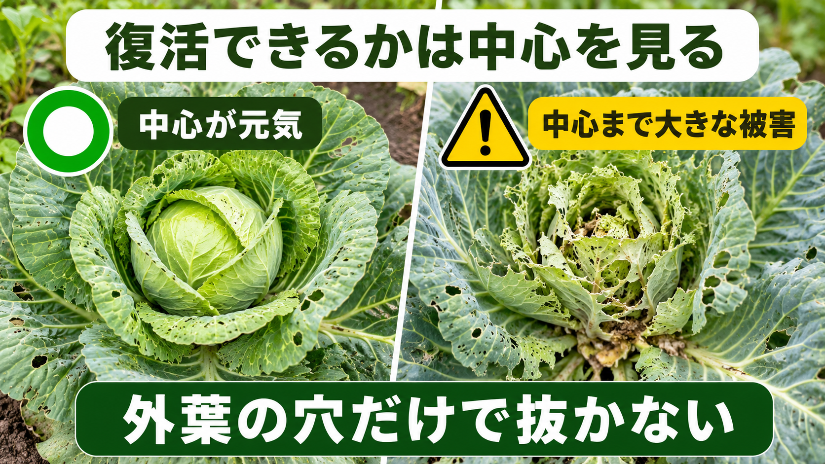中心が元気な虫食いキャベツと中心まで大きく食害されたキャベツの比較