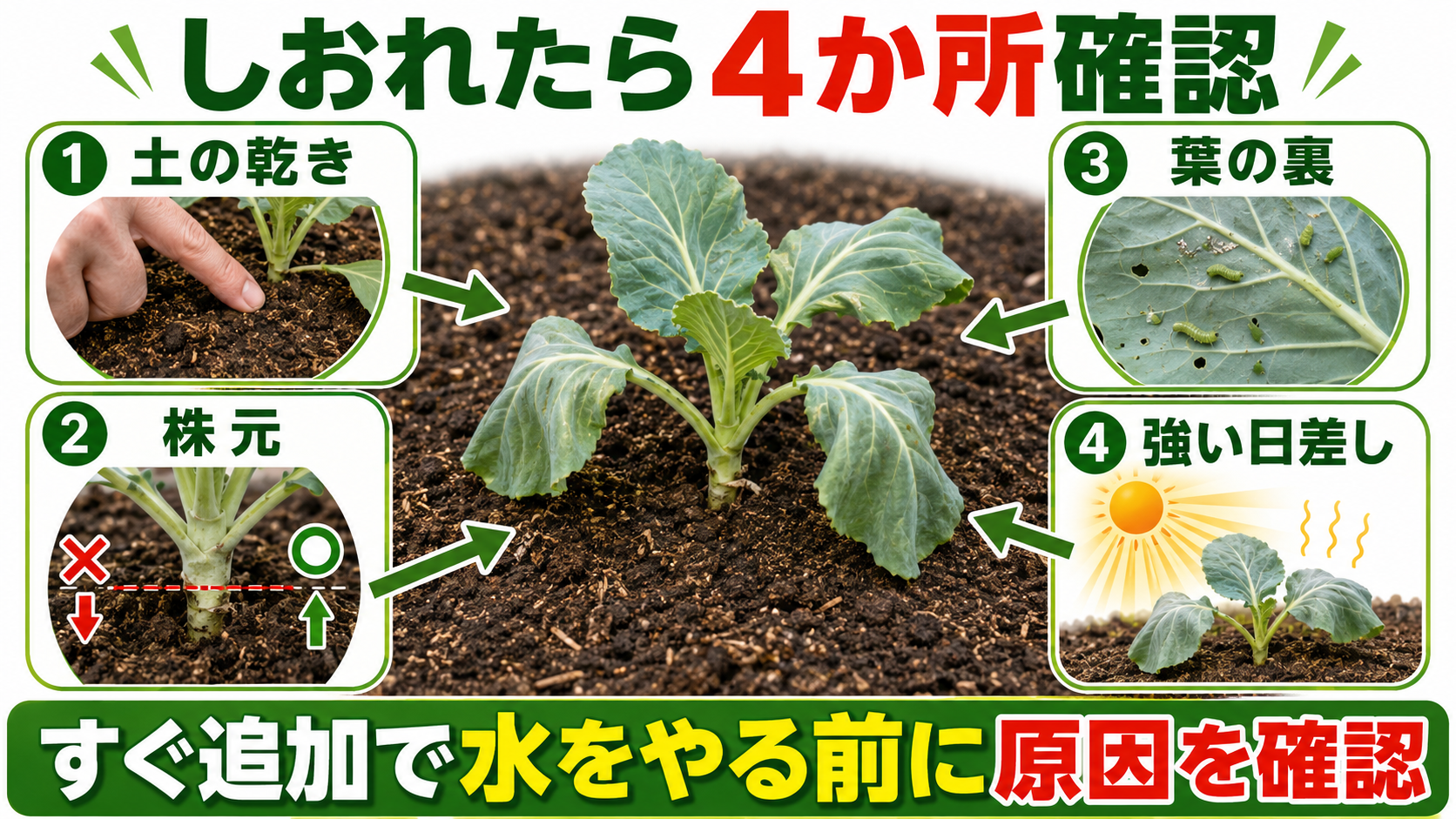しおれたキャベツ苗で土の乾きと株元と葉の裏と日差しを確認する図