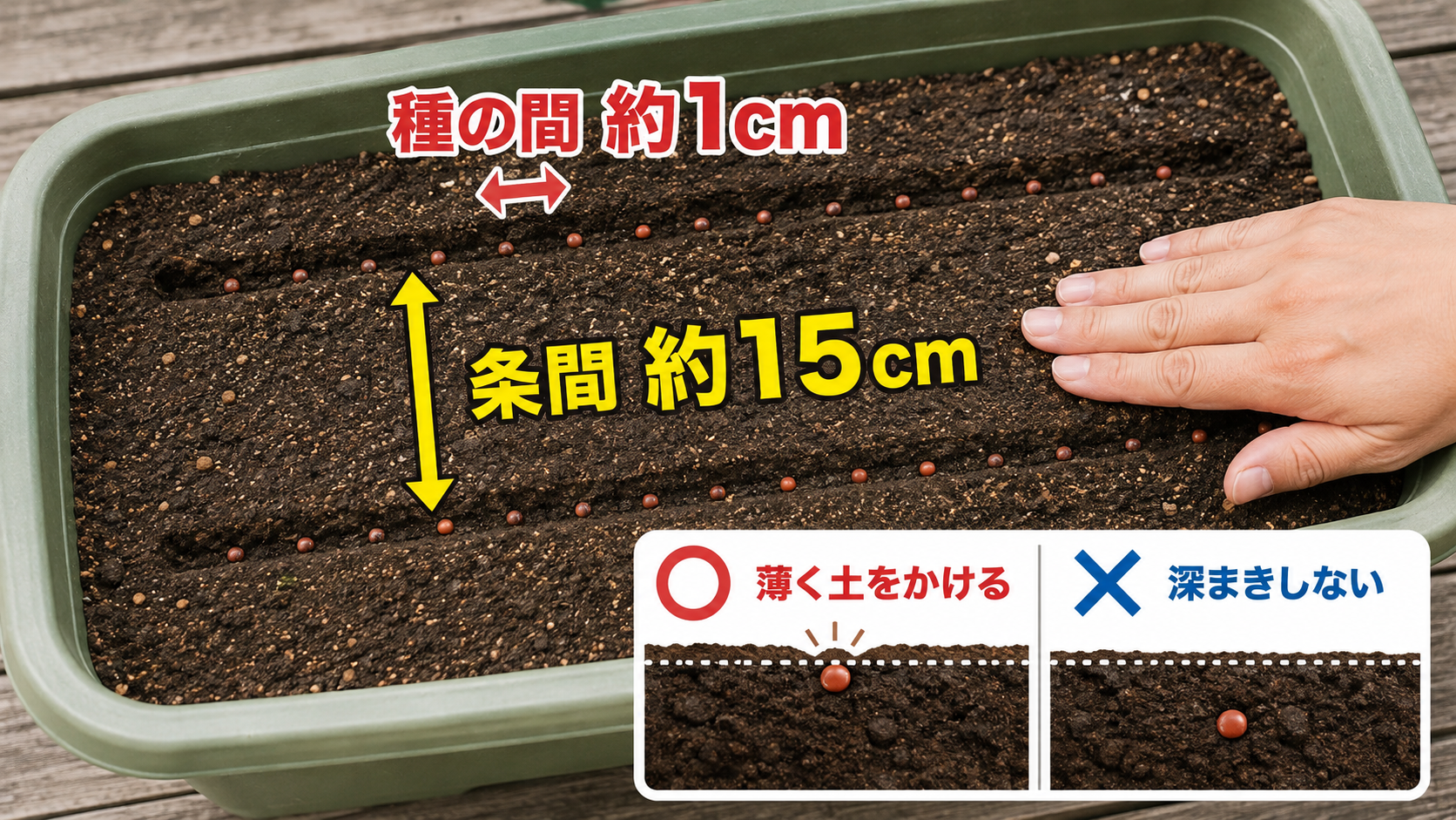 チンゲン菜の種を約1cm間隔、条間約15cmですじまきする方法