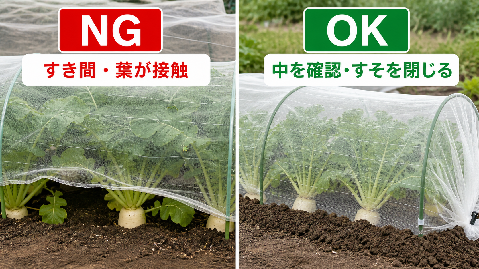 大根の防虫ネットで虫食いが起こる掛け方と正しい掛け方