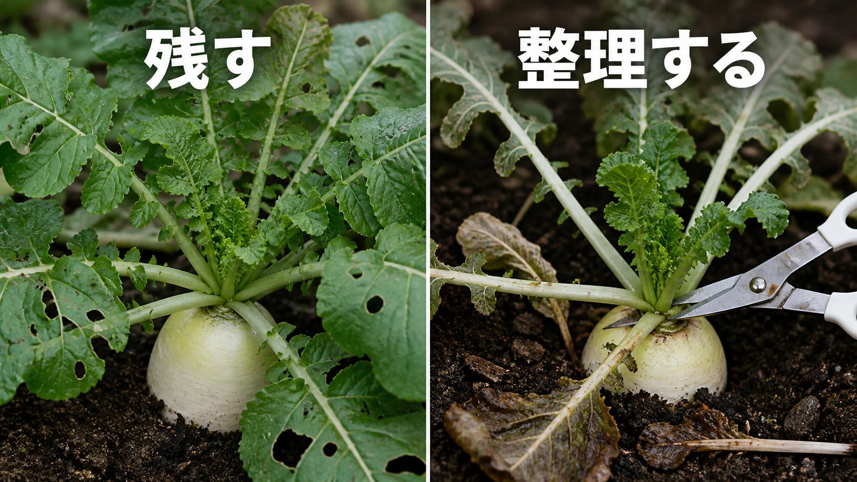 虫食いでも残す大根の葉と整理する傷んだ葉の比較